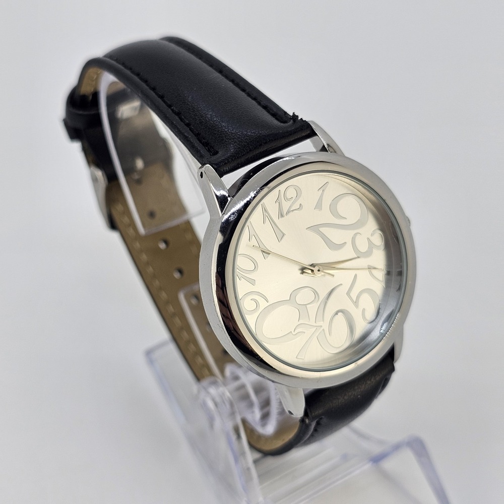 Women's Analog Watch 37MM Gray Dial Black Faux Leather Bands NEW Battery